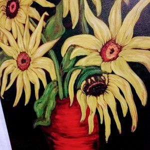 LARGE PAINTING Signed OriginalAcrylic on Canvas 20" X 16" Sunflowers in Red Vase